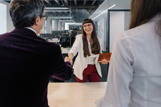 Young intern ending her succesful job interview with an enthusiastic smile and a firm handshake