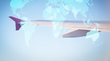double exposure of world map and plane wings