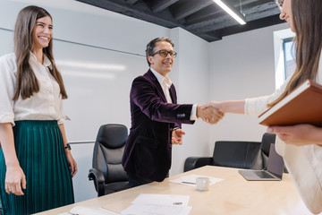 Senior human resources manager and his assistant greeting job applicant with a smile and welcoming handshake at the job interview