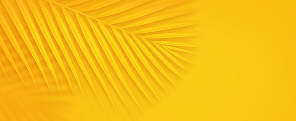 Colorful summer background with copy space. Bright yellow 3d illustration of tropical palm branch.