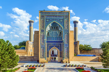 Parade portal of Gur-e-Amir mausoleum, famous architectural complex, Samarkand, Uzbekistan