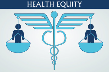 Health equity illustration vector. A design consisting of a caduceus symbol, balances, and human icons. Health and healthcare concept. Printable eps10 format.