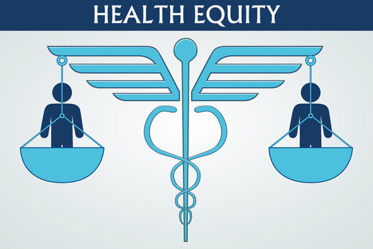 Health equity illustration vector. A design consisting of a caduceus symbol, balances, and human icons. Health and healthcare concept. Printable eps10 format.