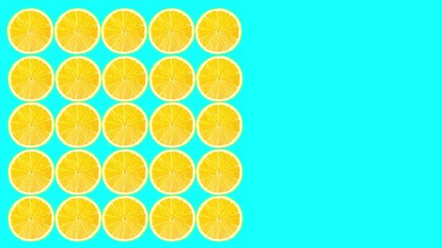 Stop Motion of slice of lemon fruits seamless pattern moving on retro neon color background. Minimal food concept.