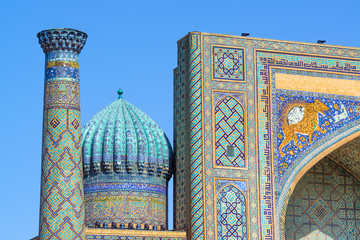 Sher-Dor Madrasah, a part of Registan medieval architectural ensemble, Samarkand, Uzbekistan