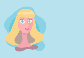 Cute vector smiling lady with blond hair and pink lipstick on a light blue background postcard.