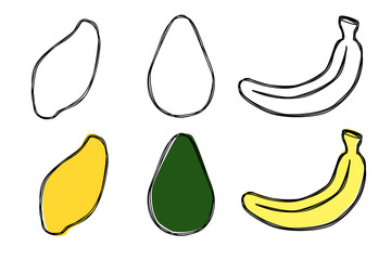 Vector set of hand drawn tropical fruits: mango, avocado and banana. Outline and colored in misprint style version. Line art illustration