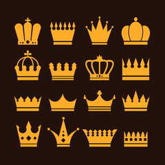 Golden isolated crown on black background set. Vector flat graphic design illustration