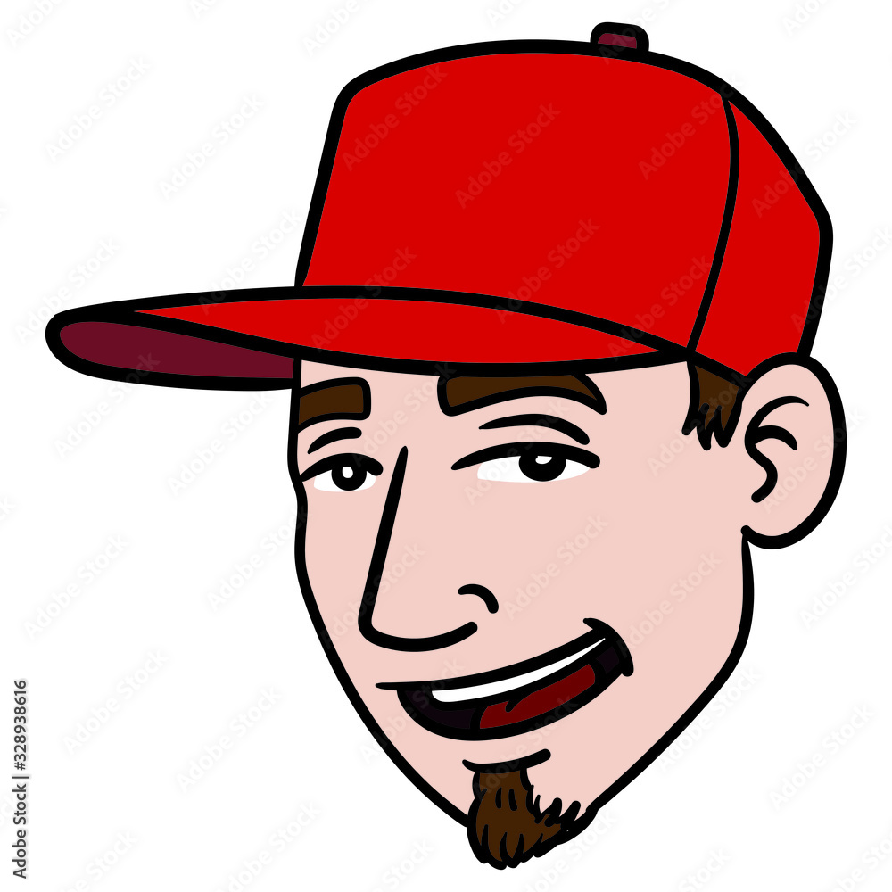 Wall mural Head of a boy with a mustache and red baseball cap. vector illustration, comic, avatar, head.