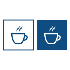 Cup of hot drink. The symbol is located in a square frame. Vector blue icons.