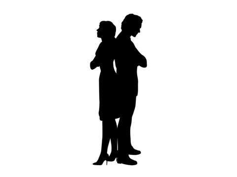 Silhouettes of man and woman stand with their backs to each other