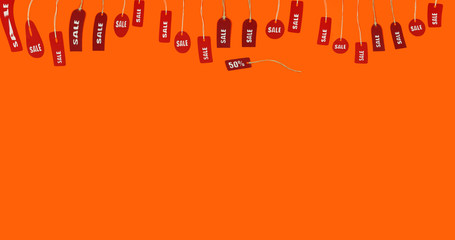 Stop motion paper price tags moving sale on a colored background.