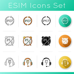24 7 hour service icons set. Around clock working hours for customer support. Alarm watch for twenty four seven availability. Linear, black and RGB color styles. Isolated vector illustrations