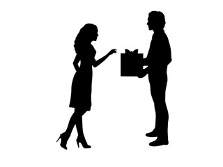 Silhouette of man gives gift to woman