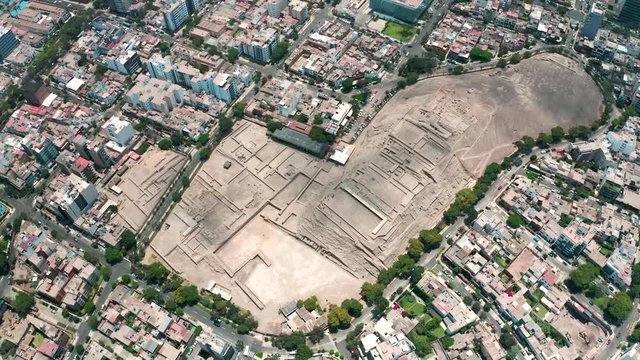 Aerial view of Huaca Pucllana archeological site in San Isidro disctrict. Ancient pre-inca ruins in the middle of an urban city.