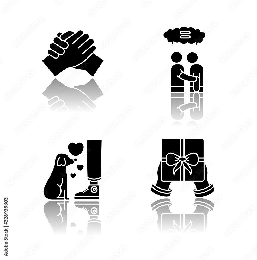 Sticker Friendly bonds drop shadow black glyph icons set. Strong emotional attachment, friendship symbols. Brotherhood, empathy, fidelity and generosity. Isolated vector illustrations on white space