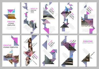 Creative social networks stories design, vertical banner or flyer templates with colorful triangle origami paper elements. Covers design templates for flyer, leaflet, brochure, presentation.