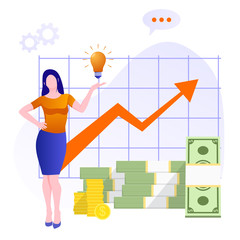 Financial consultation. Statistics for increasing income. Pile cash with red rising graph with upward arrow. Business success financial growth diagram. Successful Business woman with Money coins cash.