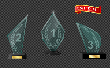 Realistic glass trophy awards. Trophy and award prize, sport cup transparent realistic. Trophy and award prize, sport cup transparent realistic, vector illustration.