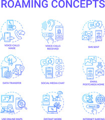 Roaming blue concept icons set. Online map. Browsing social media. Incoming voice calls. Distant work. Internet connection idea thin line RGB color illustrations. Vector isolated outline drawings