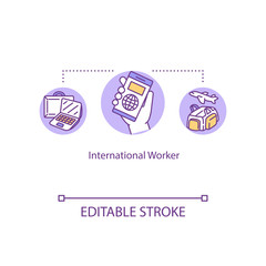 International worker concept icon. Work trip abroad, transborder flight, free-roaming services idea thin line illustration. Vector isolated outline RGB color drawing. Editable stroke