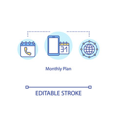 Monthly plan concept icon. Telecommunication, roaming, unlimited Internet and calls prepaid tariff idea thin line illustration. Vector isolated outline RGB color drawing. Editable stroke