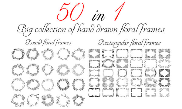 Big collection of 50 round and rectangular floral frames. Big floral botanical flowers set isolated on a white background. Hand drawn outline vector collection