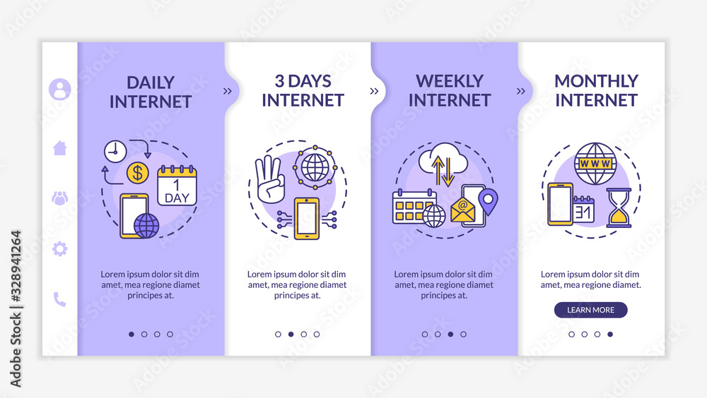 Poster internet tariffs terms onboarding vector template. daily, weekly and monthly prepaid internet. respo