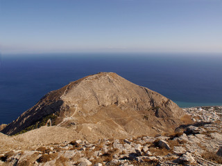 Panoramic view of Mount Mesa Vouno on Santorini island, Greece.