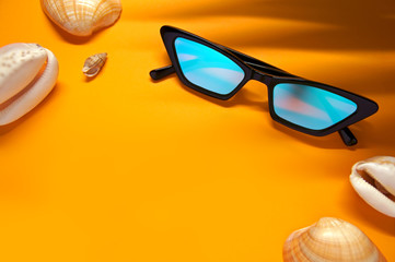 Top view of fashionable sunglasses and seashells a yellow background with seashells and shade from a palm leaf