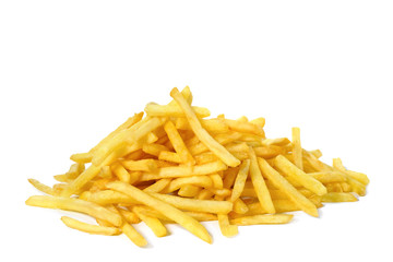 Pile of fried fries isolated on white. Unhealthy food.