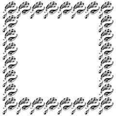 A square black and white frame of hand-drawn Indian paisley cucumbers and abstract flowers. Oriental meditative template with place for text for letterhead, invitation, banner, postcard, etc. Vector.