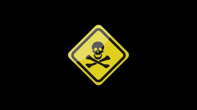 Yellow Warning sign. Skull and bones symbol, Jolly roger icon. 4K animation footage clip