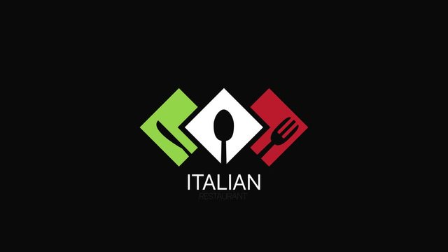 Italian food icon. Italian flag symbol Spoon fork and knife signs. 4K animation footage clip