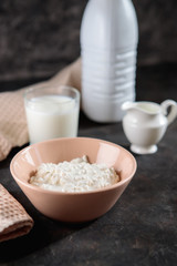 Cottage cheese with a glass of milk on the table, space for text. Fresh dairy products on a dark background.