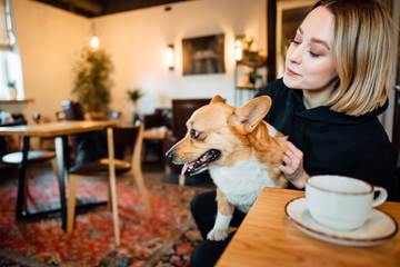 young girl and corgi, beautiful woman with dog