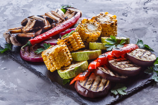 delicious fresh grilled vegetables on a stone plate