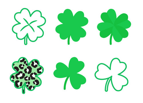 St Patricks Day shamrock leaves set. Clover leaf clipart vector icons.