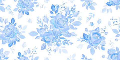 Fototapeta na wymiar Floral monochrome seamless pattern with blue flowers rose and leaves. Hand drawn. For design textile, wallpapers, wrapping paper, prints. Vector stock illustration.