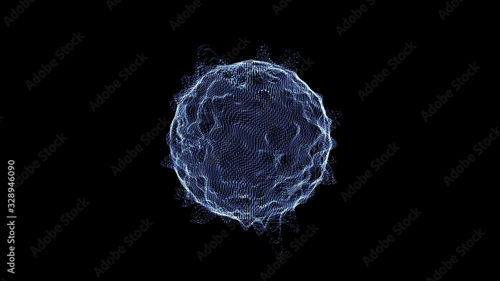 Poster abstract image of a rotating virus, flashing dangerous appendages over dark background.