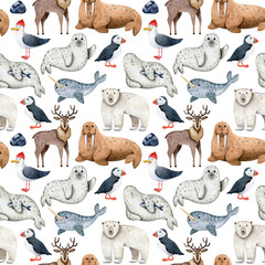 Seamless pattern with watercolor polar animals on white background.Seals, narwhal, polar bear, seagull, puffin, reindeer, walrus. Childish texture for fabric, wrapping paper, wallpapers, scrapbooking.