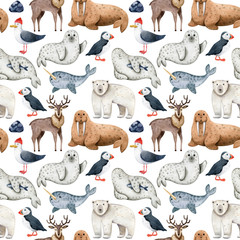 Seamless pattern with watercolor polar animals on white background.Seals, narwhal, polar bear, seagull, puffin, reindeer, walrus. Childish texture for fabric, wrapping paper, wallpapers, scrapbooking. © NatNat