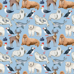 Seamless pattern with watercolor polar animals on blue background. Seals, narwhal, polar bear, seagull, puffin, reindeer, walrus. Childish texture for fabric, wrapping paper, wallpapers, scrapbooking. © NatNat