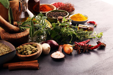 Spices and herbs on table. Food and cuisine ingredients with pepper