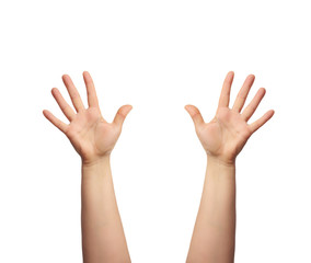 female hand is raised up with an open palm, part of the body is isolated on a white background