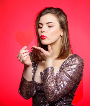 Spread romantic mood around. Sweet kiss. Air kiss. Love you so much. Woman attractive kiss face send love to you. Valentines day and romantic mood. Tender kiss from lovely girl with makeup red lips