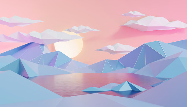 Mountain And Lake Landscape In Low Polygon Style Background, 3D Render.