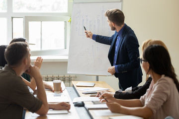 Millennial male presenter or coach make flip chart presentation for diverse colleagues at meeting, Caucasian businessman talk present company business project idea on whiteboard at office briefing