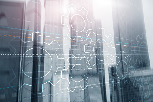 Business technology internet concept double exposure gears abstract background.