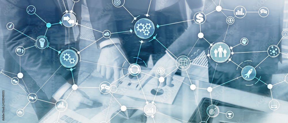 Poster business process structure industrial workflow diagram automation innovation concept on virtual scre